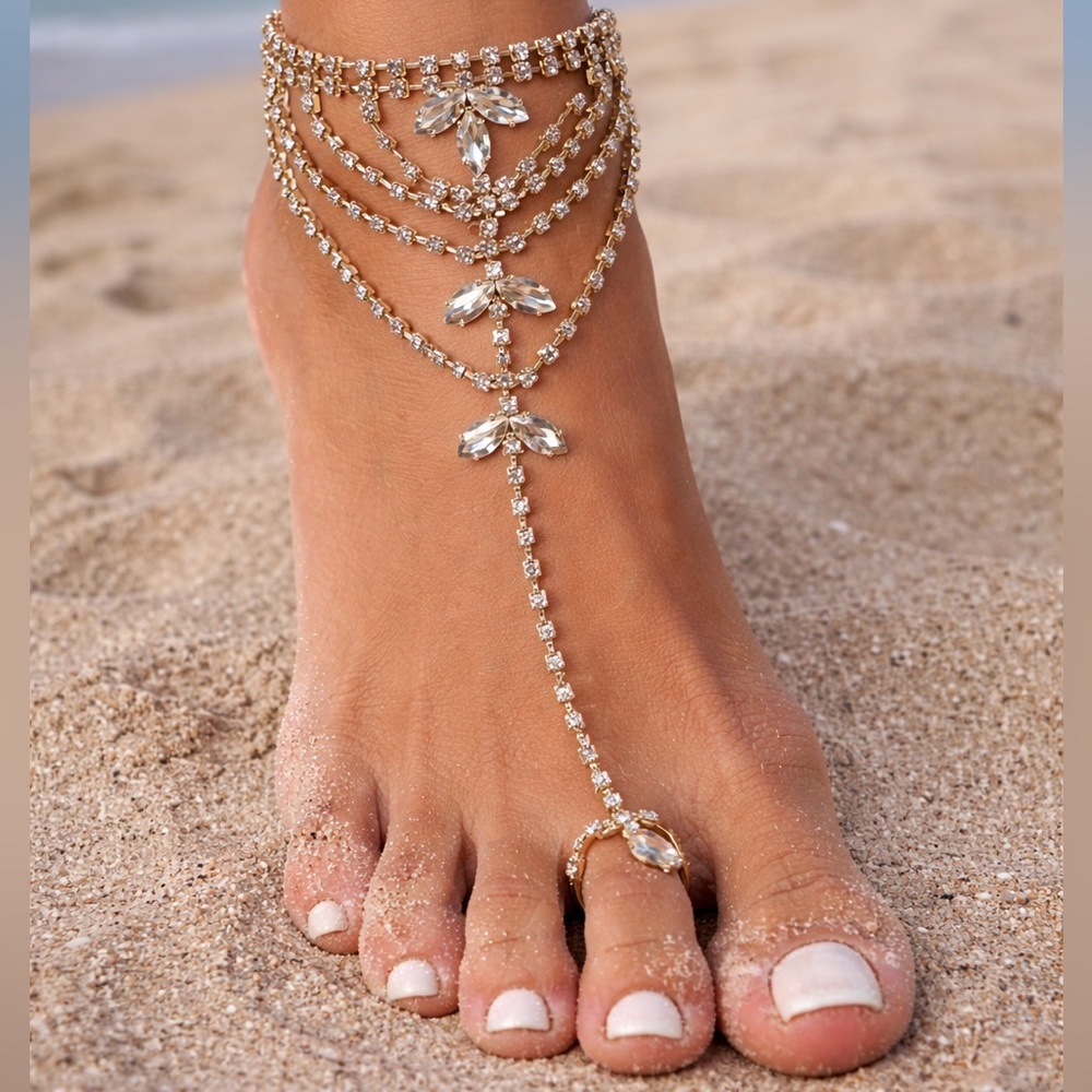 Crystal Avenue Gold Bling Toe Ring Anklet